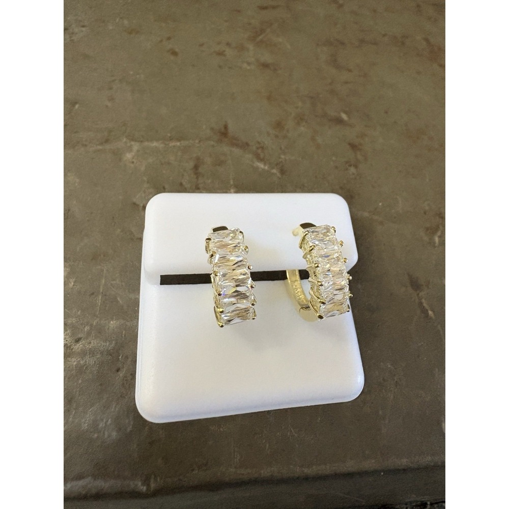 Baguette Cz Hoop Huggie Bridal Earrings Sterling Silver Gold Tone‎